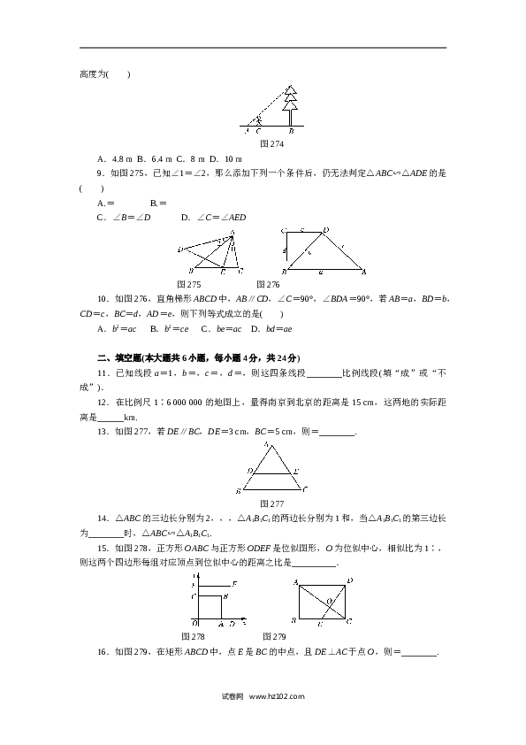 初中九年级人教版数学下册第二十七章 相似自主检测.doc 第2页