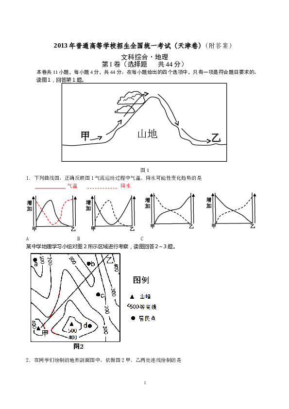 天津2013年天津高考文综卷(地理部分)及答案.doc 第1页