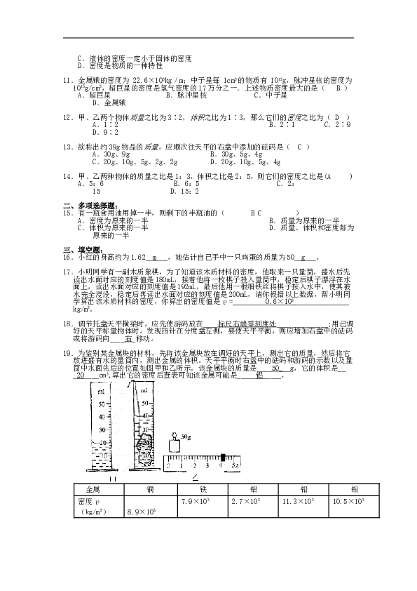 北京市西城区重点中学物理 人教版八年级上册（新）第六章 质量与密度 专题检测卷 单元试卷含答案.doc 第2页
