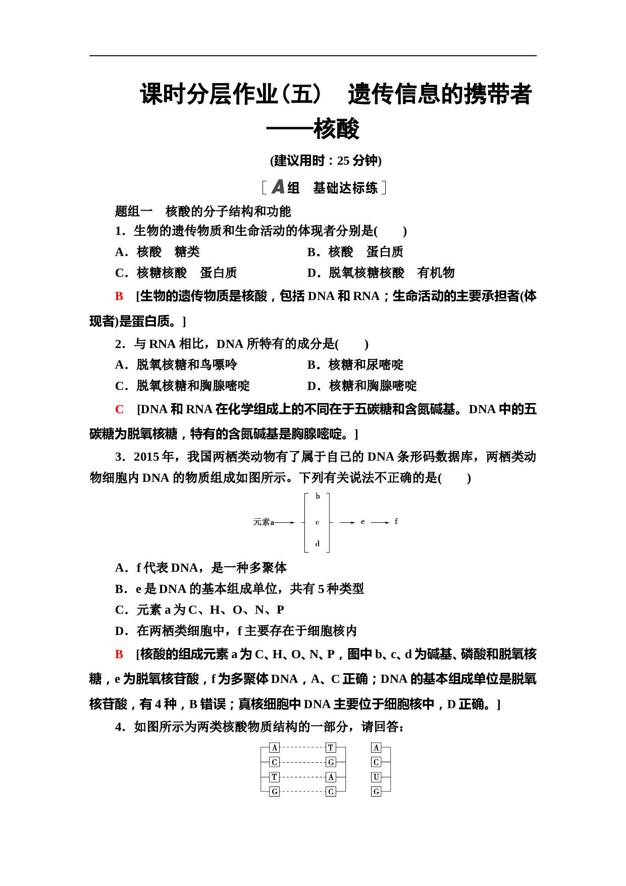高中人教版生物必修1作业：2.3 遗传信息的携带者&mdash;&mdash;核酸（含参考答案）.doc 第1页