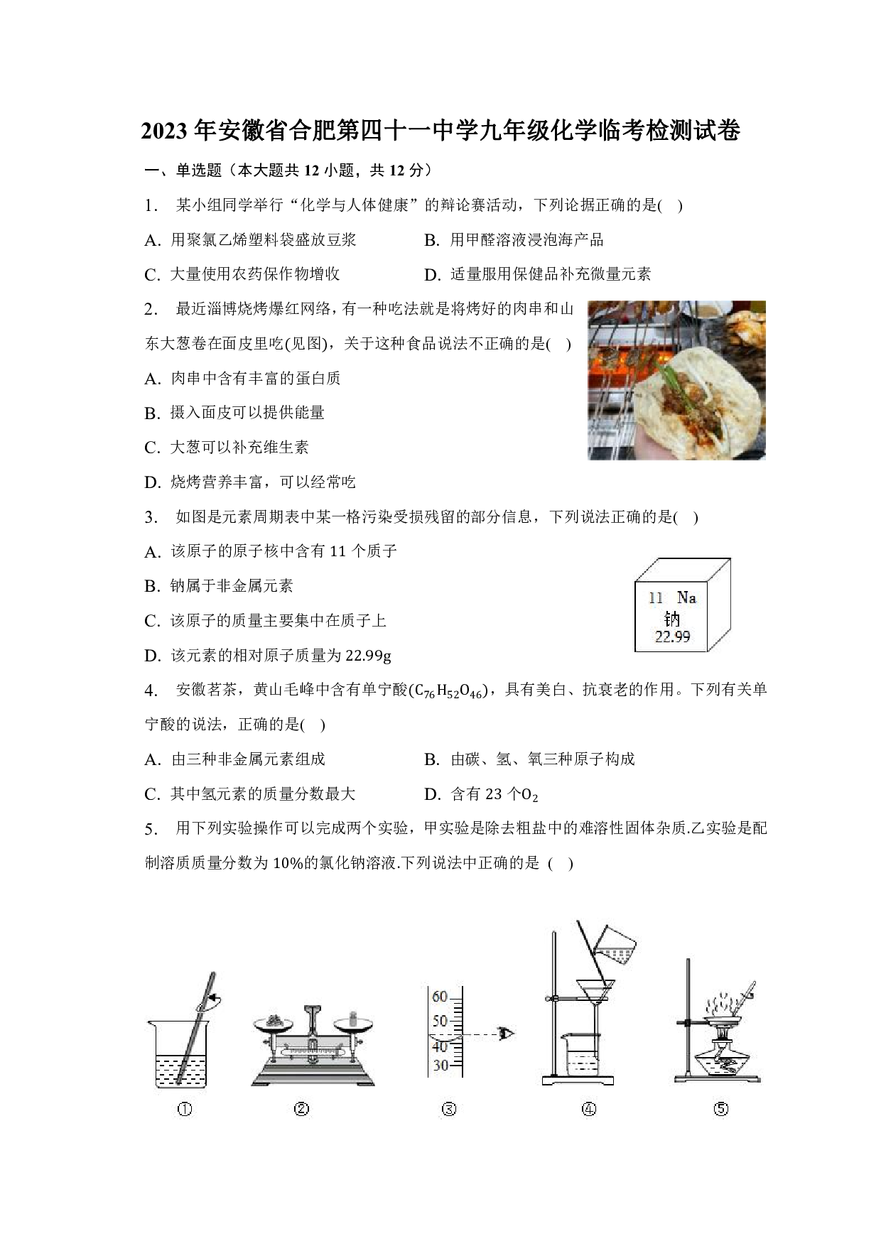 2023年安徽省合肥市第四十一中九年级中考临考化学试卷.pdf 第1页