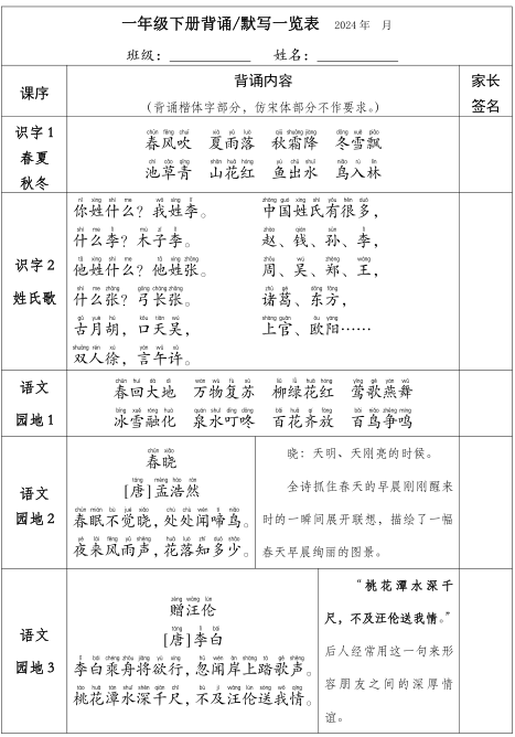 【一年级】下册背诵默写一览表.pdf 第1页