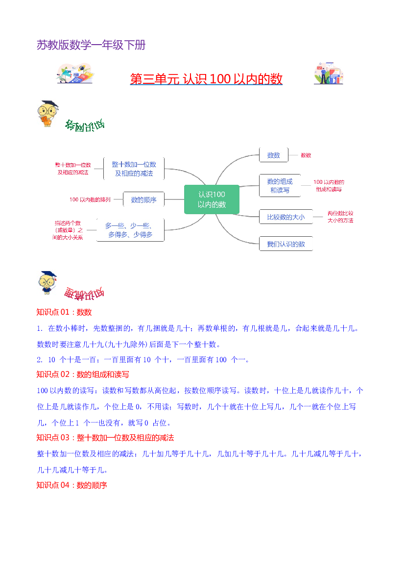 第三单元  认识100以内的数-2023-2024学年一年级下册数学单元hz102（苏教版）.docx 第1页