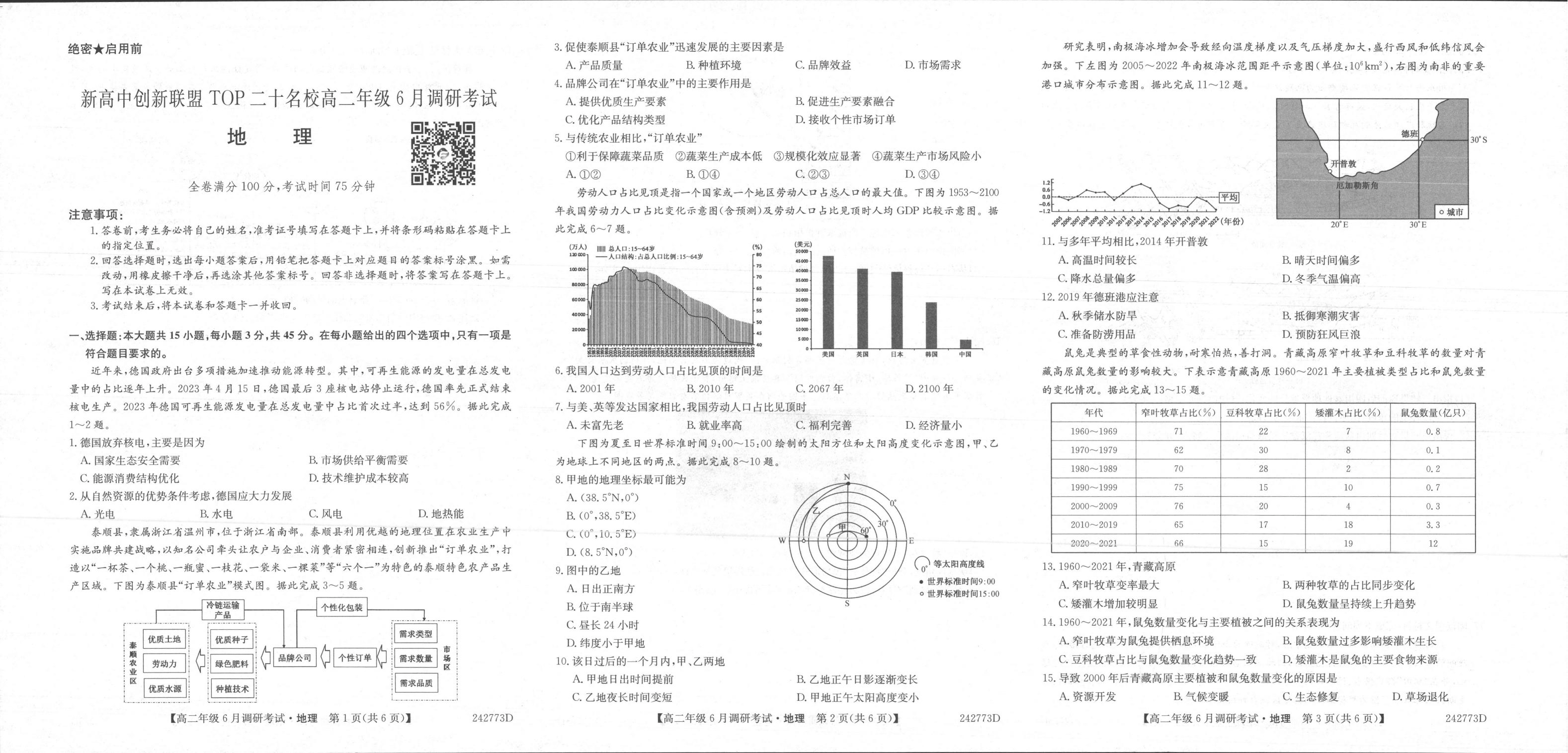 地理丨新高中创新联盟TOP二十名校2025届新高三6月调研考试地理试卷及答案.pdf 第1页