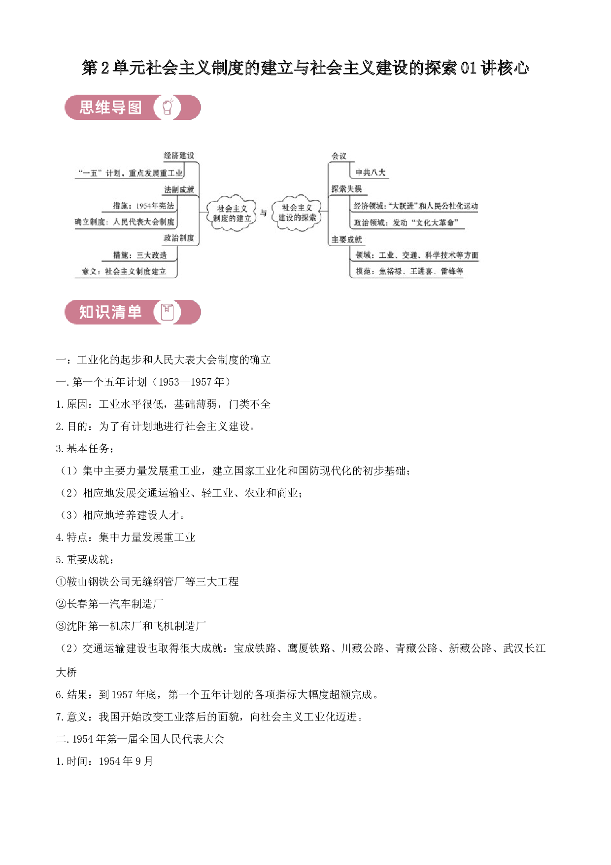 含参考答案 统编版八下历史第2单元社会主义制度的建立与社会主义建设的探索01讲核心(含参考答案)2023&mdash;2024.docx 第1页