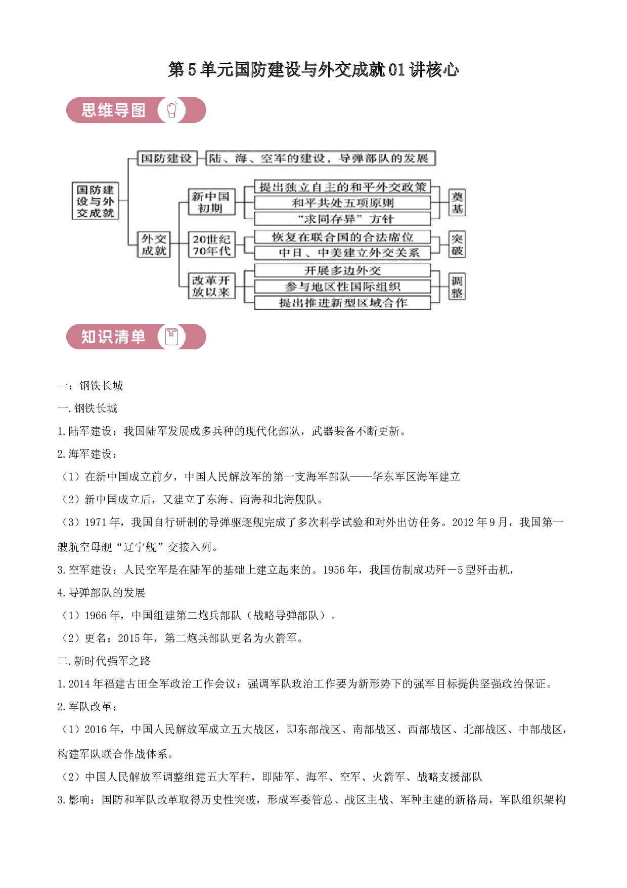 含参考答案 统编版八下历史第5单元国防建设与外交成就01讲核心（原卷版）2023&mdash;2024.docx 第1页