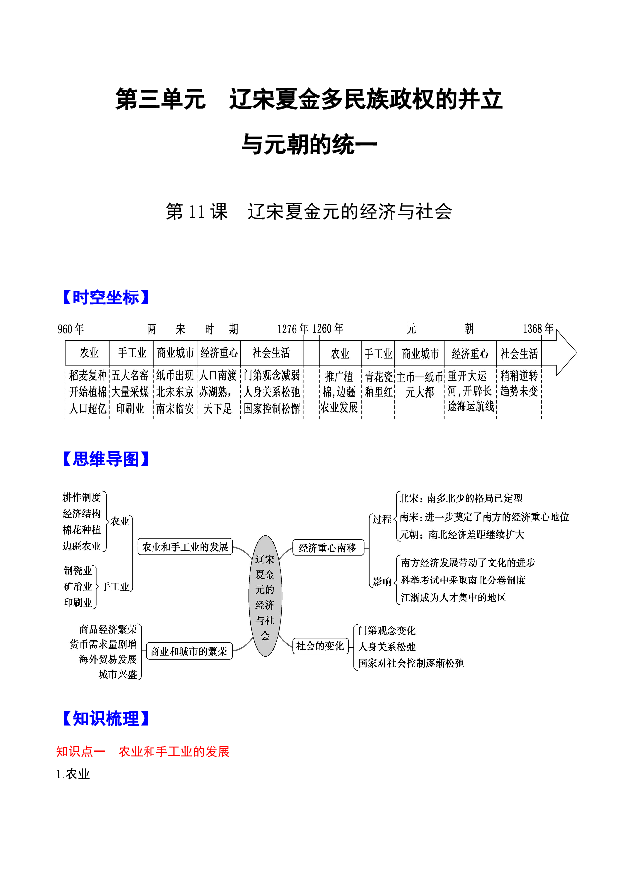 第11课 辽宋夏金元的经济与社会-【高分必背】2022-2023学年高一历史期中期末复习记诵笔记（中外历史纲要上）.docx 第1页