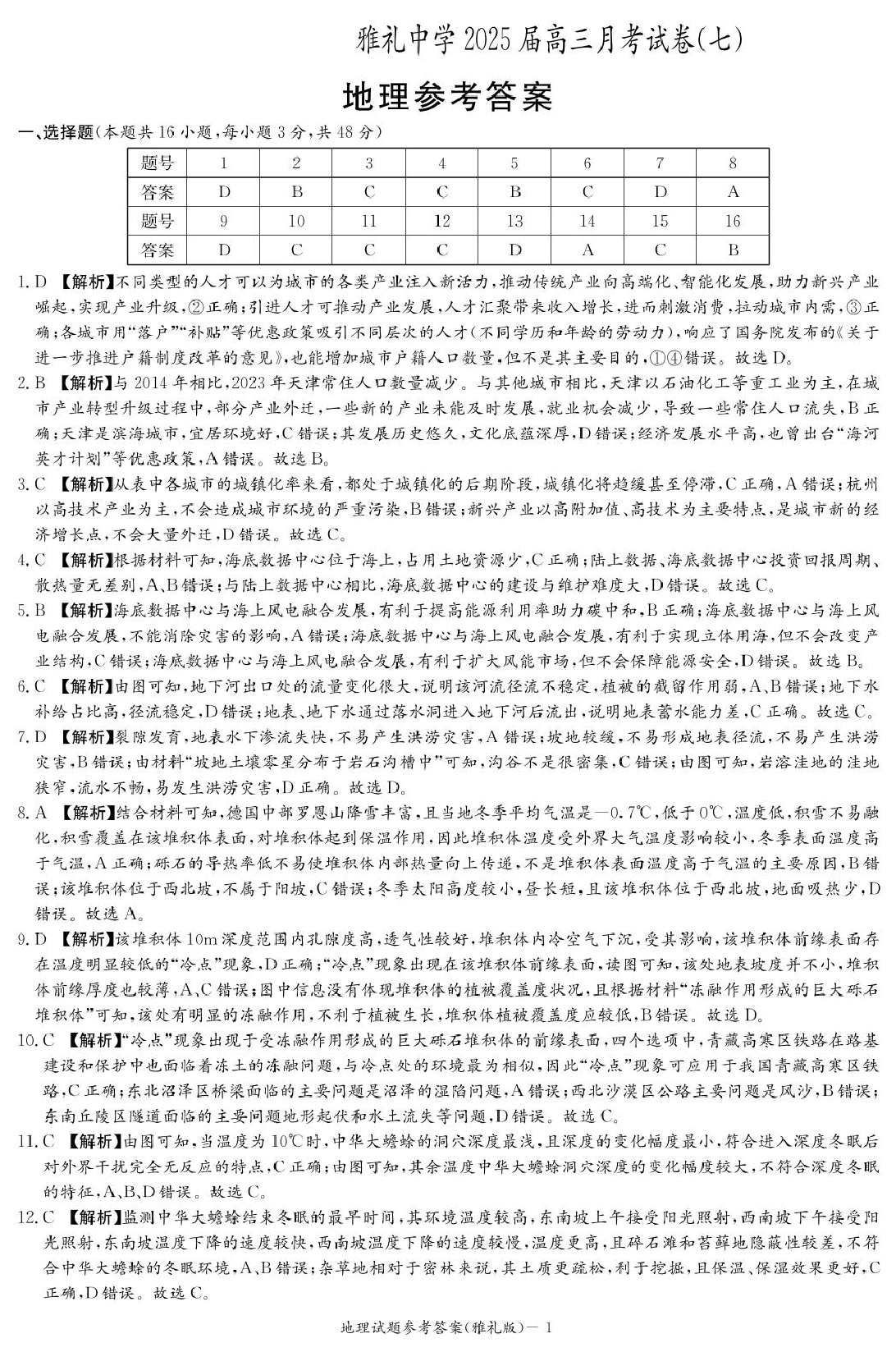 湖南省长沙市雅礼中学2024-2025学年高三下学期月考（七）地理答案.pdf 第1页