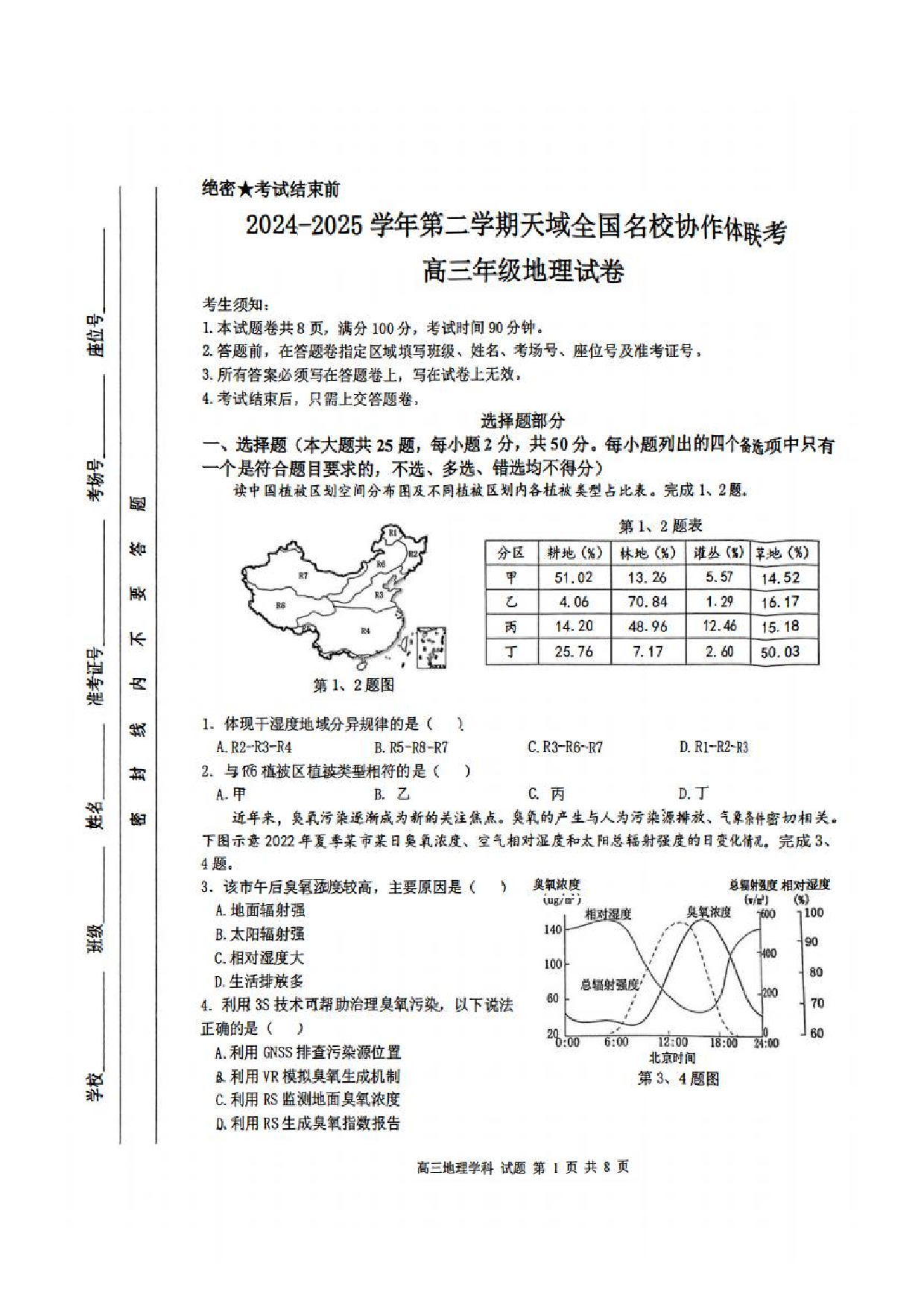 【地理试题】天域全国名校协作体2025届高三下学期3月联考.pdf 第1页