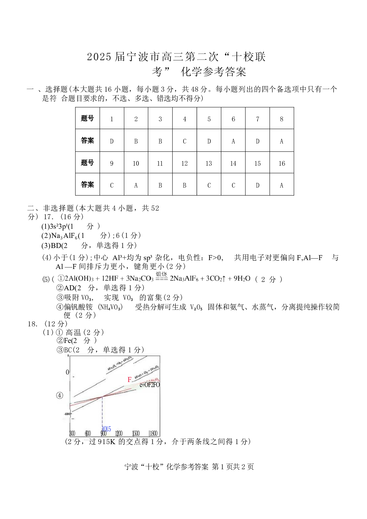【化学答案】浙江省宁波&ldquo;十校&rdquo;2025届高三3月联考.docx 第1页