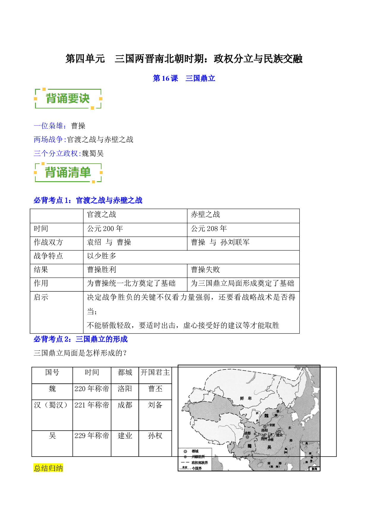 （背诵清单）第四单元 三国两晋南北朝时期：政权分立与民族交融  -2023-2024学年七年级历史上册单元（部编版）.docx 第1页