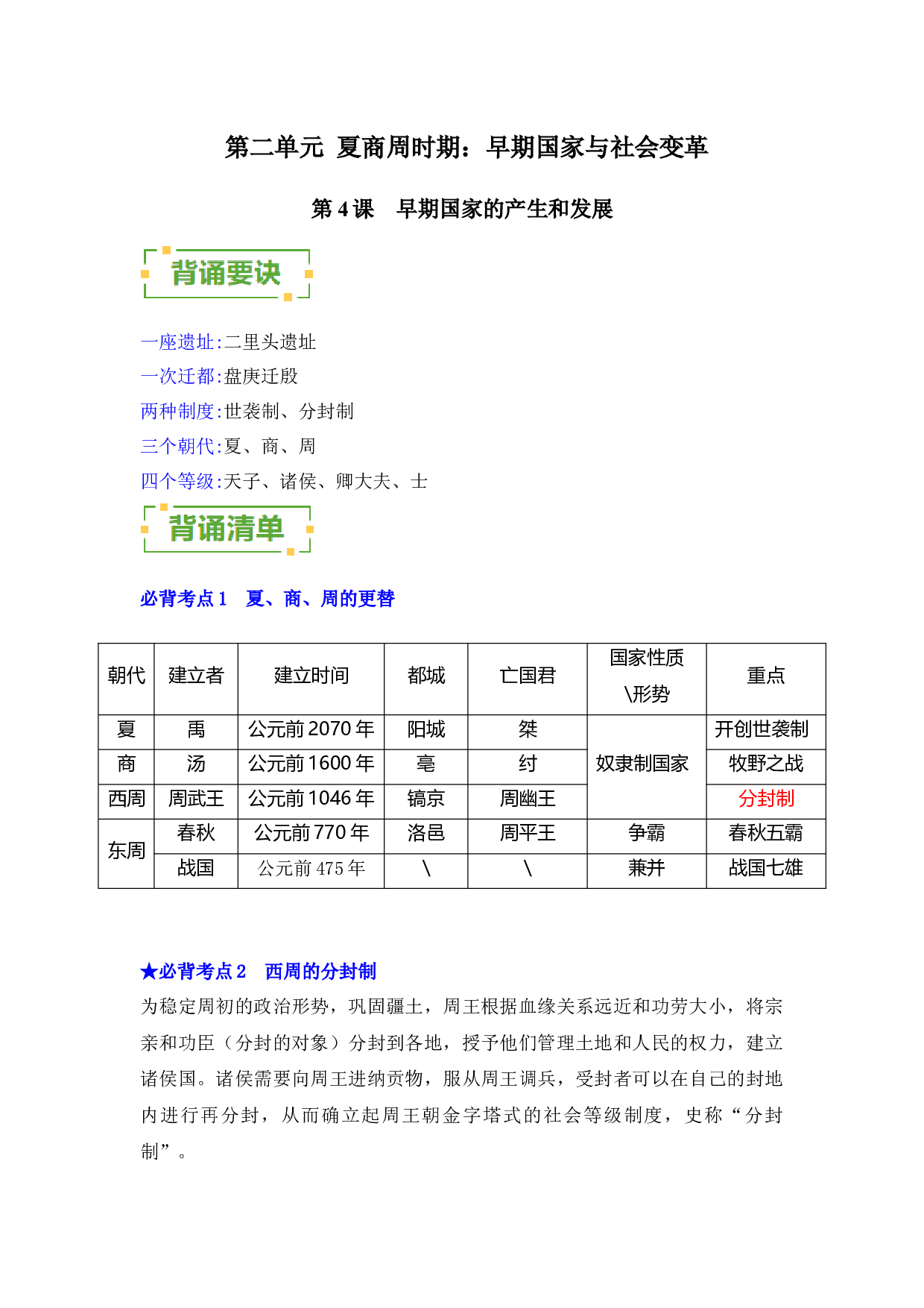 （背诵清单）第二单元 夏商周时期：早期国家与社会变革-2023-2024学年七年级历史上册单元（部编版）.docx 第1页