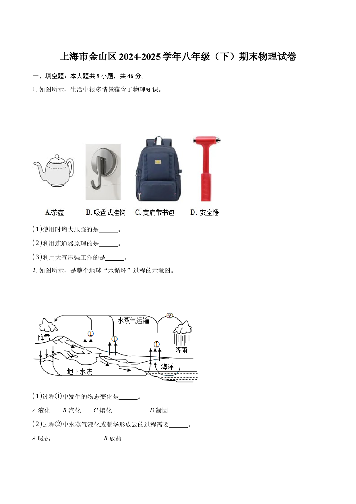 上海金山区2024-2025学年八年级（下）期末物理试卷.docx 第1页