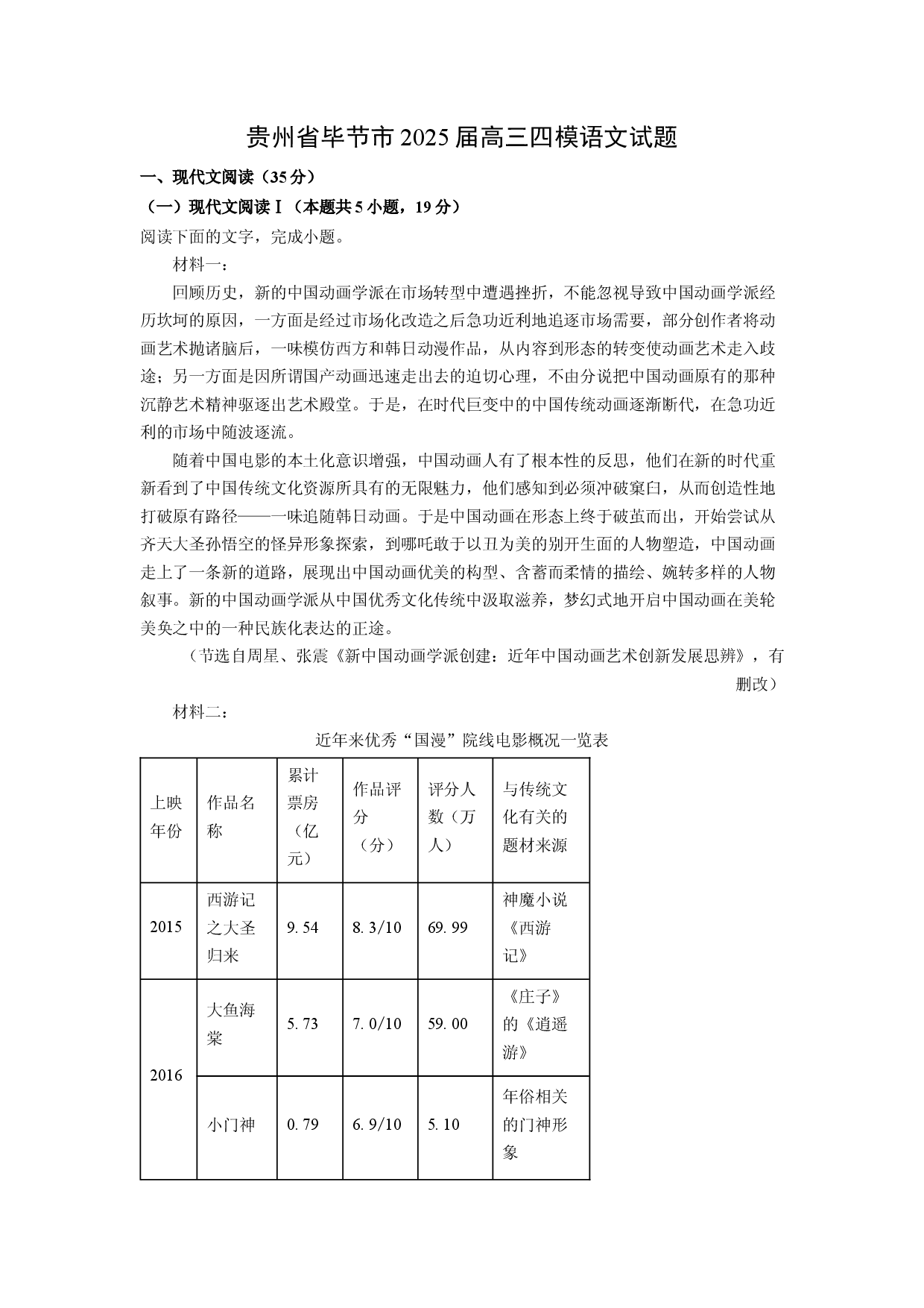 语文试卷贵州毕节市2025届高三四模试题(含参考解析).docx 第1页