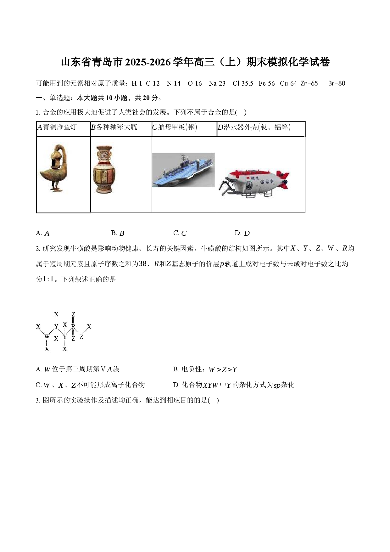 山东省青岛市2025-2026学年高三（上）期末模拟化学试卷.docx 第1页